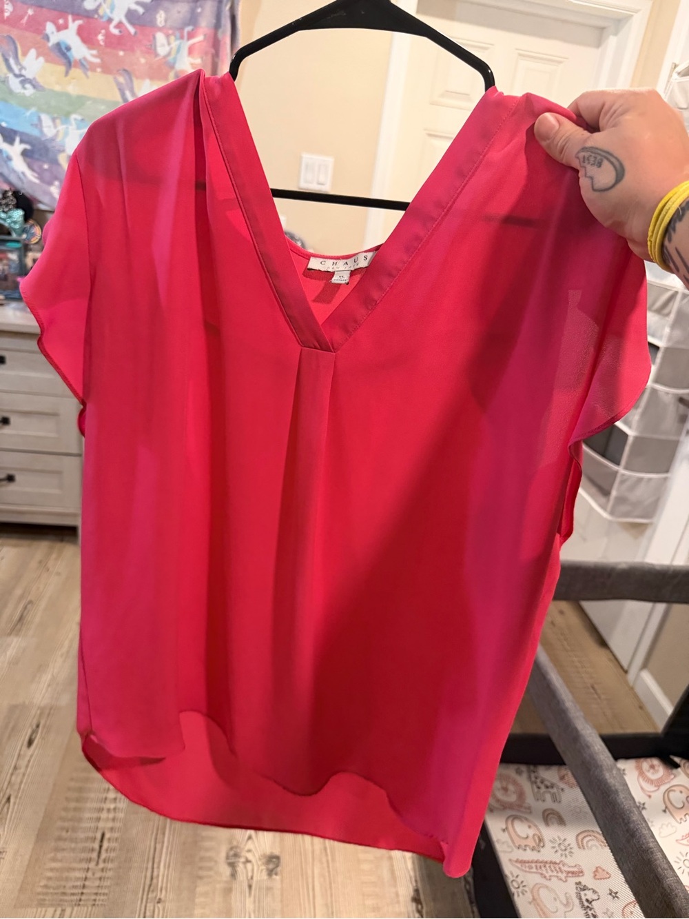 Chaus V-Neck Flutter Sleeve Blouse in Hot Pink